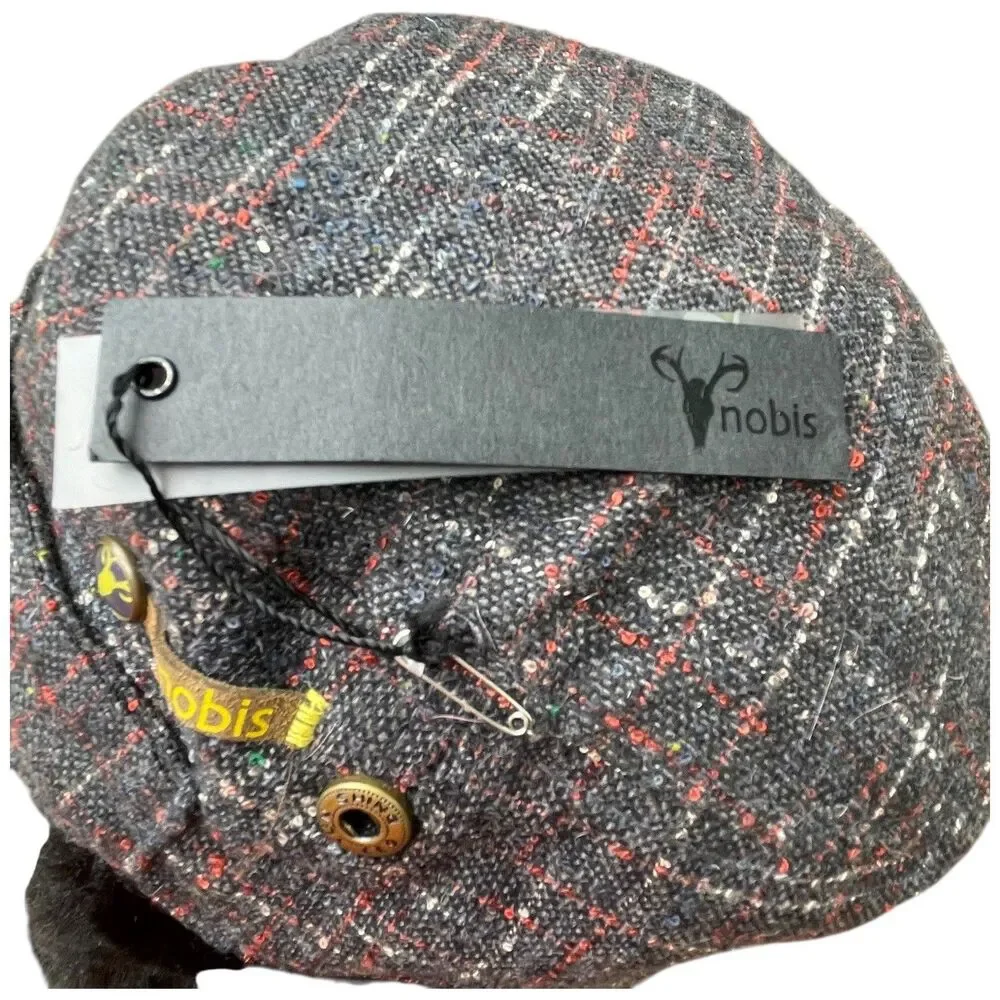 Nobis Plaid Tweed Faux Fur Ear Flaps Trapper Hat Cap Gray Red Winter Warm NWT